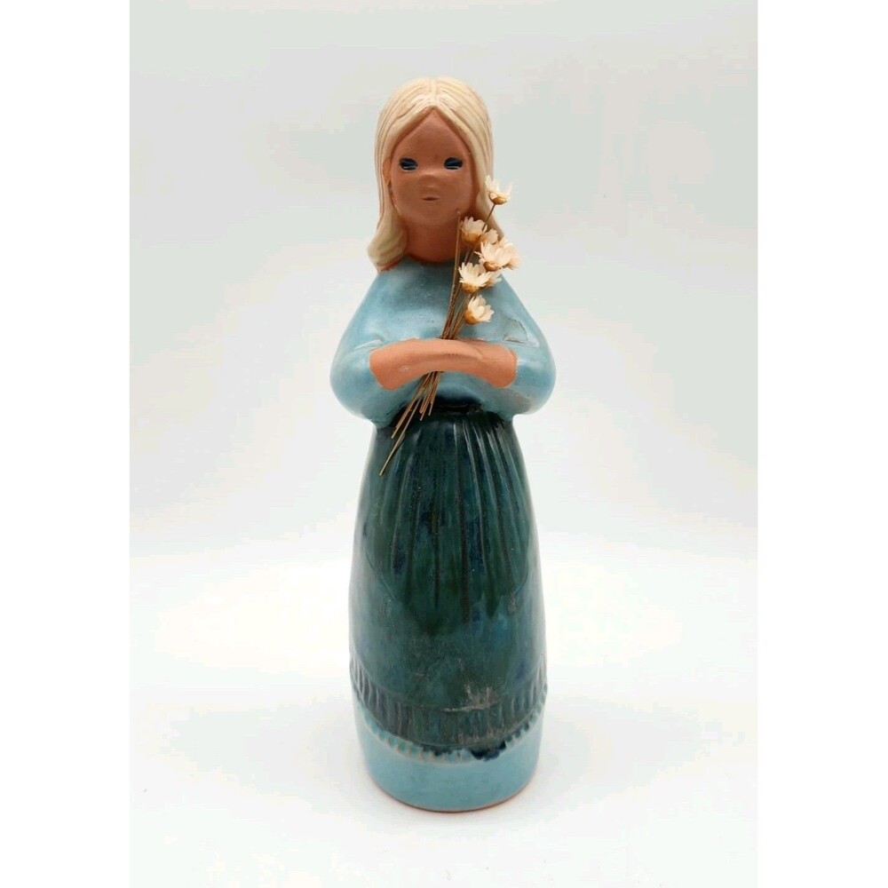 JIE Elsi Bourelius Scandinavian Woman Figurine Blue Dress Clay Signed Vintage